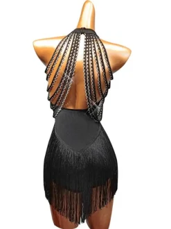 Latin Dance Costume Black Women's Fringe Ruffled Bodycon Sexy Polyester Dress Dancing Wear