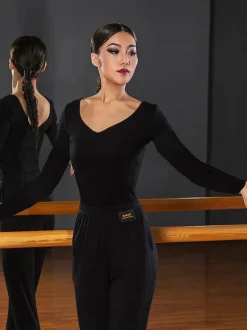 Latin Dance Costume Black Women's Ruffles Backless Elegant Polyester Top Dancing Costume