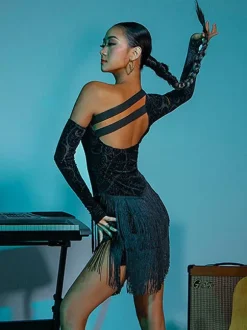 Latin Dance Costume Black Women's Polyester Dress Open Shoulder Elegant Fringe Latin Dancer Dancing Costume