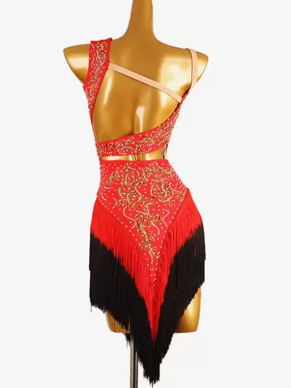 Latin Dance Costume Black Women's Lycra Spandex Dress Backless Sexy Fringe Rhinestones Latin Dancer Dancing Costume