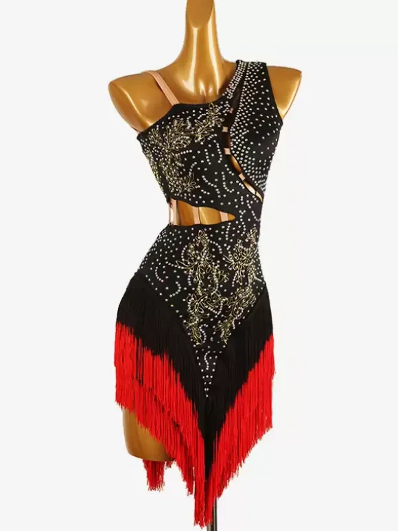 Latin Dance Costume Black Women's Lycra Spandex Dress Backless Sexy Fringe Rhinestones Latin Dancer Dancing Costume