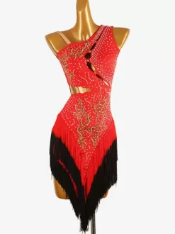 Latin Dance Costume Black Women's Lycra Spandex Dress Backless Sexy Fringe Rhinestones Latin Dancer Dancing Costume