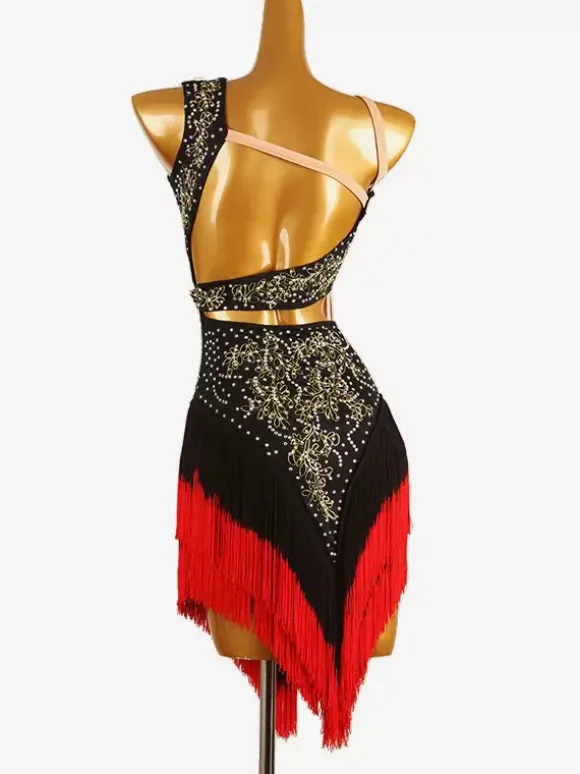 Latin Dance Costume Black Women's Lycra Spandex Dress Backless Sexy Fringe Rhinestones Latin Dancer Dancing Costume