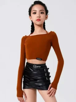 Latin Dance Costume Black Girls Two Piece Sets Side Buckle Faux Fur Skirt Latin Dance Costumes Set
