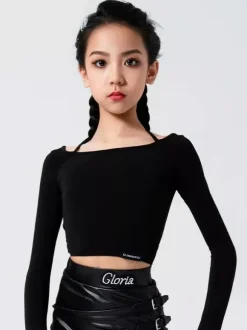 Latin Dance Costume Black Girls Two Piece Sets Side Buckle Faux Fur Skirt Latin Dance Costumes Set