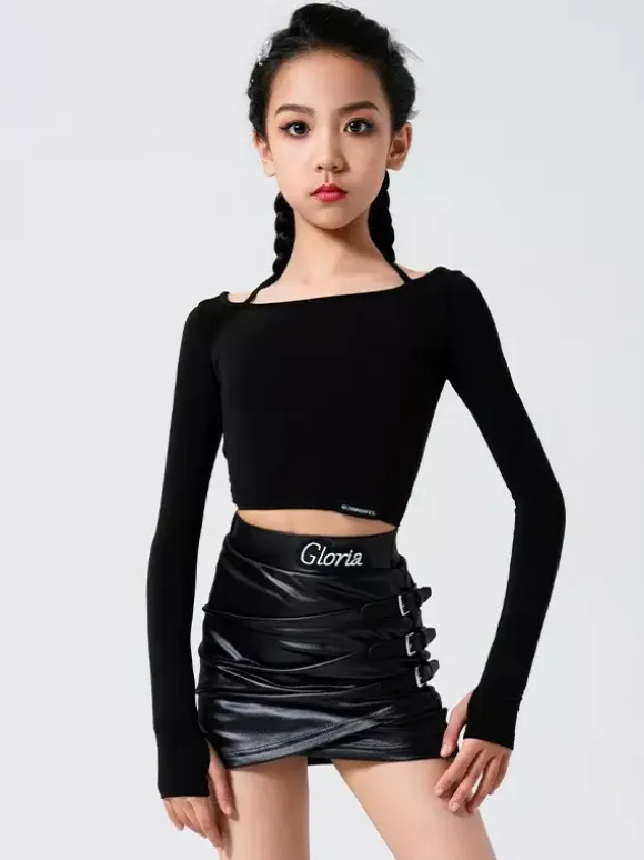 Latin Dance Costume Black Girls Two Piece Sets Side Buckle Faux Fur Skirt Latin Dance Costumes Set