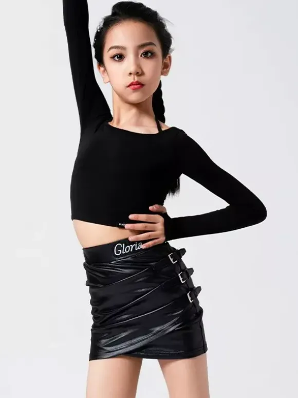 Latin Dance Costume Black Girls Two Piece Sets Side Buckle Faux Fur Skirt Latin Dance Costumes Set