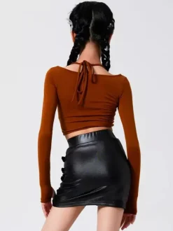Latin Dance Costume Black Girls Two Piece Sets Side Buckle Faux Fur Skirt Latin Dance Costumes Set