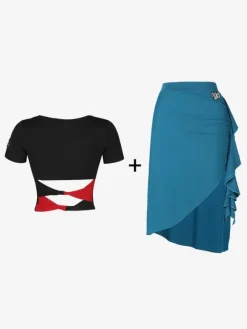 Latin Dance Costume Black Women's Asymmetrical Set Elegant Polyester Skirt Top Dancing Costume