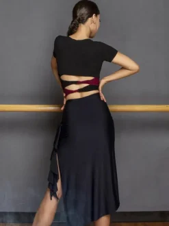Latin Dance Costume Black Women's Asymmetrical Set Elegant Polyester Skirt Top Dancing Costume
