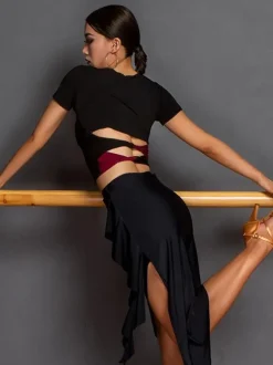 Latin Dance Costume Black Women's Asymmetrical Set Elegant Polyester Skirt Top Dancing Costume
