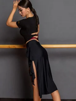 Latin Dance Costume Black Women's Asymmetrical Set Elegant Polyester Skirt Top Dancing Costume