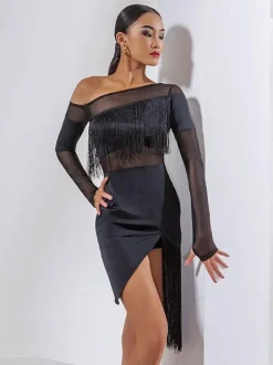 Latin Dance Costume Black Women's Fringe Layered Set Sexy Polyester Dress Dancing Wear