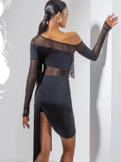 Latin Dance Costume Black Women's Fringe Layered Set Sexy Polyester Dress Dancing Wear