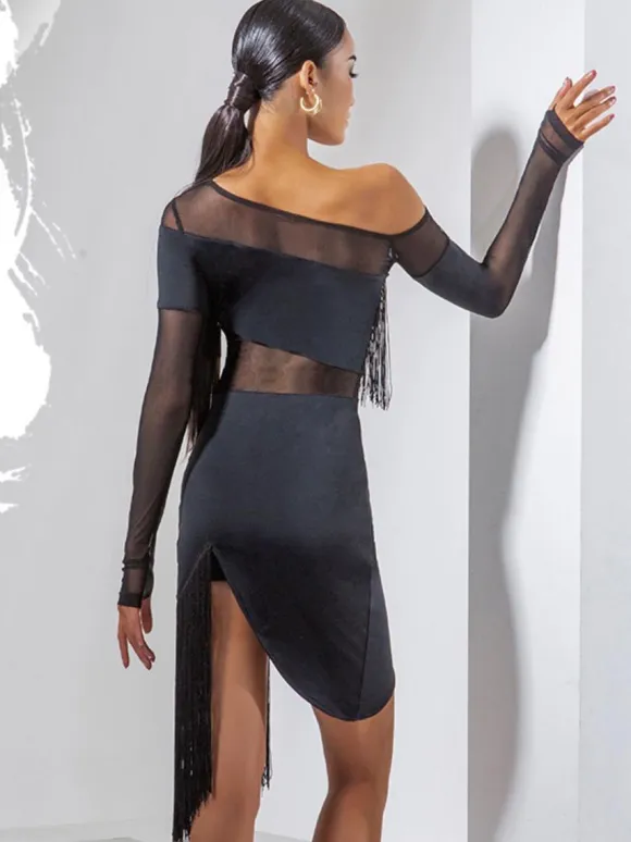 Latin Dance Costume Black Women's Fringe Layered Set Sexy Polyester Dress Dancing Wear