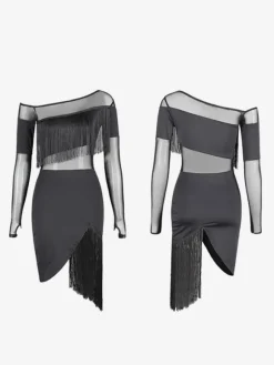 Latin Dance Costume Black Women's Fringe Layered Set Sexy Polyester Dress Dancing Wear