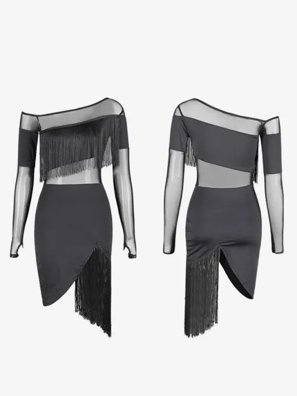 Latin Dance Costume Black Women's Fringe Layered Set Sexy Polyester Dress Dancing Wear