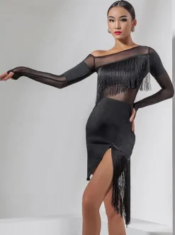 Latin Dance Costume Black Women's Fringe Layered Set Sexy Polyester Dress Dancing Wear