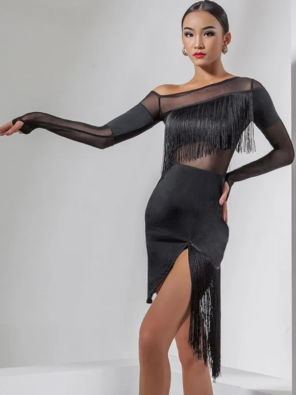 Latin Dance Costume Black Women's Fringe Layered Set Sexy Polyester Dress Dancing Wear