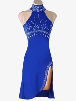Latin Dance Costume Blue Women's Rhinestones High-slit Bodycon Sexy Polyester Dress Dancing Costume