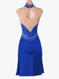 Latin Dance Costume Blue Women's Rhinestones High-slit Bodycon Sexy Polyester Dress Dancing Costume