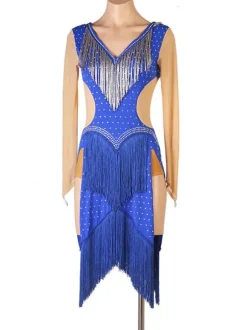 Latin Dance Costume Blue Women's Polyester Dress Sexy Fringe Rhinestones Latin Dancer Dancing Costume