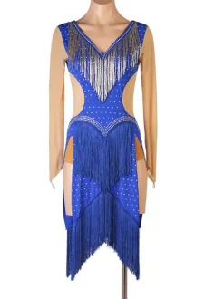 Latin Dance Costume Blue Women's Polyester Dress Sexy Fringe Rhinestones Latin Dancer Dancing Costume