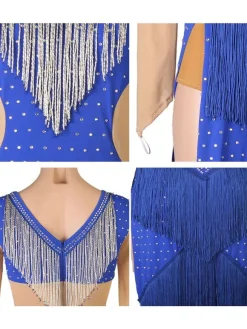Latin Dance Costume Blue Women's Polyester Dress Sexy Fringe Rhinestones Latin Dancer Dancing Costume