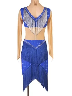 Latin Dance Costume Blue Women's Polyester Dress Sexy Fringe Rhinestones Latin Dancer Dancing Costume