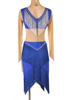 Latin Dance Costume Blue Women's Polyester Dress Sexy Fringe Rhinestones Latin Dancer Dancing Costume