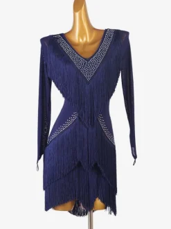 Latin Dance Costume Blue Women's Rhinestones Bodycon Sexy Polyester Dress Dancing Wear