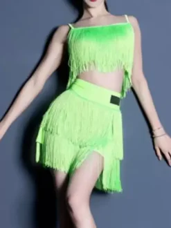 Latin Dance Costume Grass Green Women's Fringe Elegant Polyester Top Skirt Dancing Wear