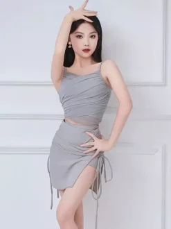 Latin Dance Costume Gray Girl's Adult Ruched Shaping Two Piece Sets Latin Dance Dress Set