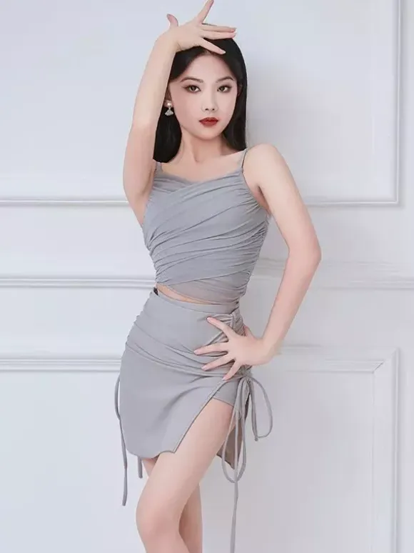 Latin Dance Costume Gray Girl's Adult Ruched Shaping Two Piece Sets Latin Dance Dress Set