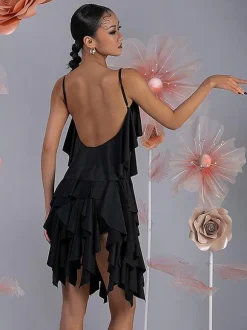 Latin Dance Costume Pink Women's Ruffles Layered Set Elegant Polyester Dress Dancing Costume