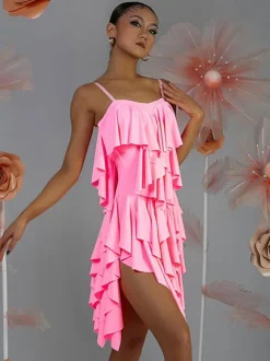Latin Dance Costume Pink Women's Ruffles Layered Set Elegant Polyester Dress Dancing Costume