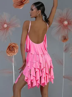 Latin Dance Costume Pink Women's Ruffles Layered Set Elegant Polyester Dress Dancing Costume