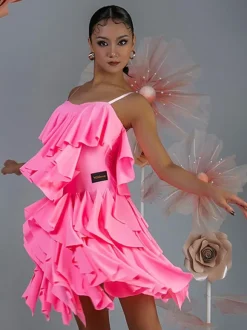 Latin Dance Costume Pink Women's Ruffles Layered Set Elegant Polyester Dress Dancing Costume