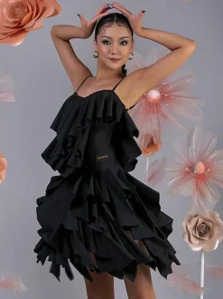 Latin Dance Costume Pink Women's Ruffles Layered Set Elegant Polyester Dress Dancing Costume