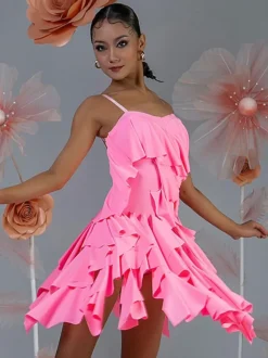 Latin Dance Costume Pink Women's Ruffles Layered Set Elegant Polyester Dress Dancing Costume