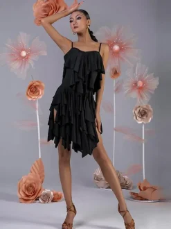Latin Dance Costume Pink Women's Ruffles Layered Set Elegant Polyester Dress Dancing Costume