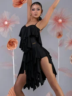 Latin Dance Costume Pink Women's Ruffles Layered Set Elegant Polyester Dress Dancing Costume