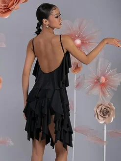 Latin Dance Costume Pink Women's Ruffles Layered Set Elegant Polyester Dress Dancing Costume