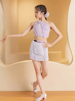 Latin Dance Costume Purple Women's Two Piece Set Fringe Skirt Latin Dancer Costumes Set