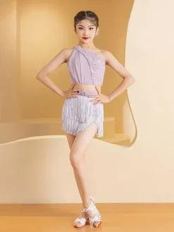 Latin Dance Costume Purple Women's Two Piece Set Fringe Skirt Latin Dancer Costumes Set