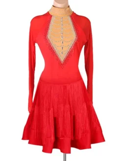 Latin Dance Costume Red Women's Polyester Dress Sexy Rhinestones Fringe Latin Dancer Dancing Wear