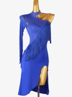 Latin Dance Costume Royal Blue Women's Lycra Spandex Dress Backless Elegant Rhinestones Fringe Dancing Wear