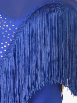 Latin Dance Costume Royal Blue Women's Lycra Spandex Dress Backless Elegant Rhinestones Fringe Dancing Wear