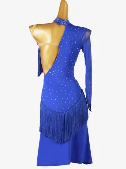 Latin Dance Costume Royal Blue Women's Lycra Spandex Dress Backless Elegant Rhinestones Fringe Dancing Wear
