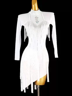 Latin Dance Costume White Women's Lycra Spandex Dress Sequins Fringe Latin Dancer Dancing Wear
